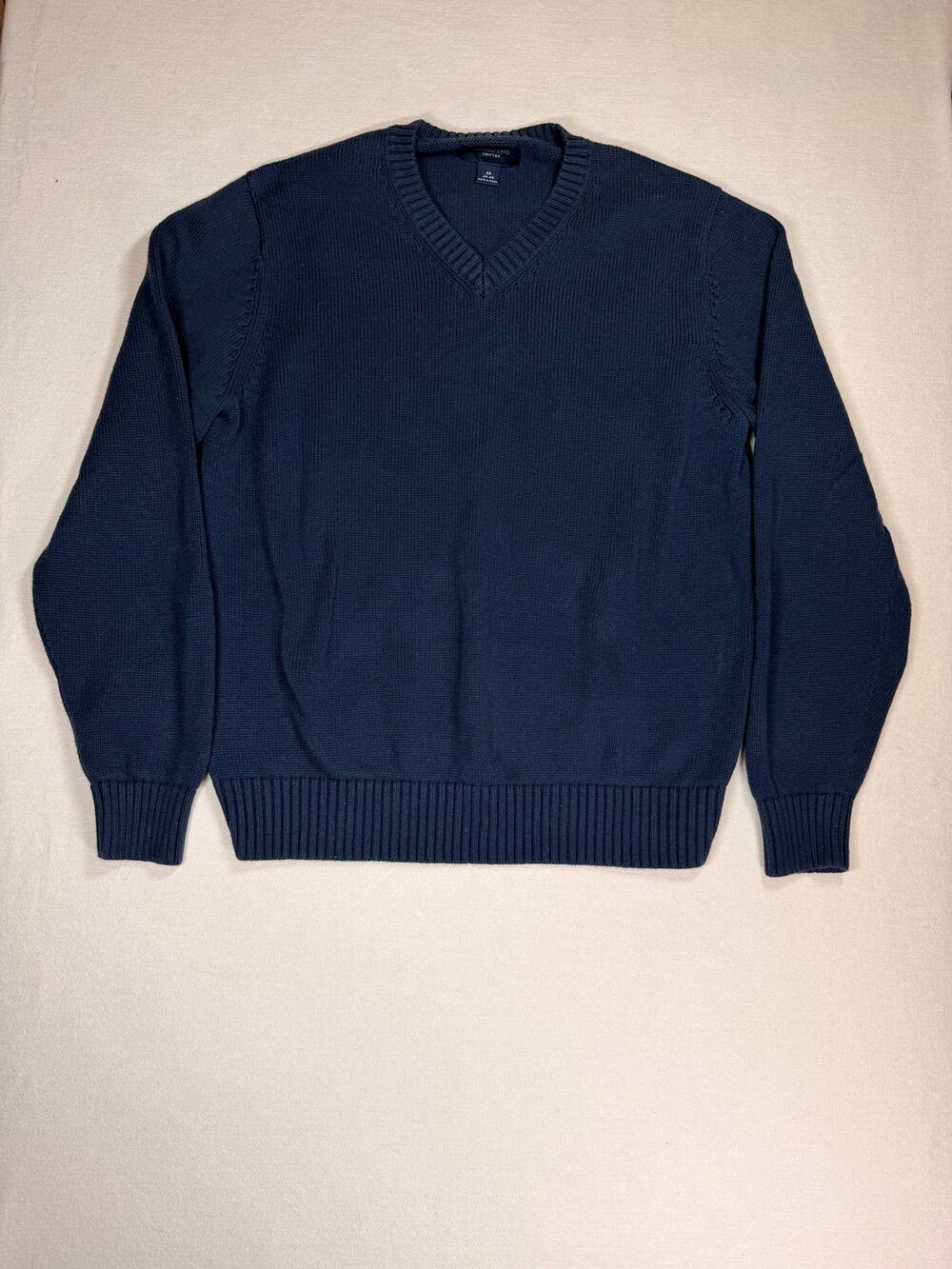 Lands End Drifter Sweater Mens M 38-40 Navy Blue 100% Cotton V Neck Pullover
